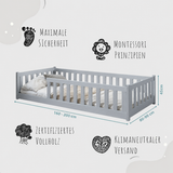 Kinderbett Bodenbett 80x160 | 80x180 | 90x190 | 90x200 | 120x200 | 140x200 cm Bett mit Rausfallschutz & Lattenrost Montessori Bett Gitterbett Kinder Jugendbett Einzelbett optional mit Matratze | Kiefer Holz massiv Junge Mädchen