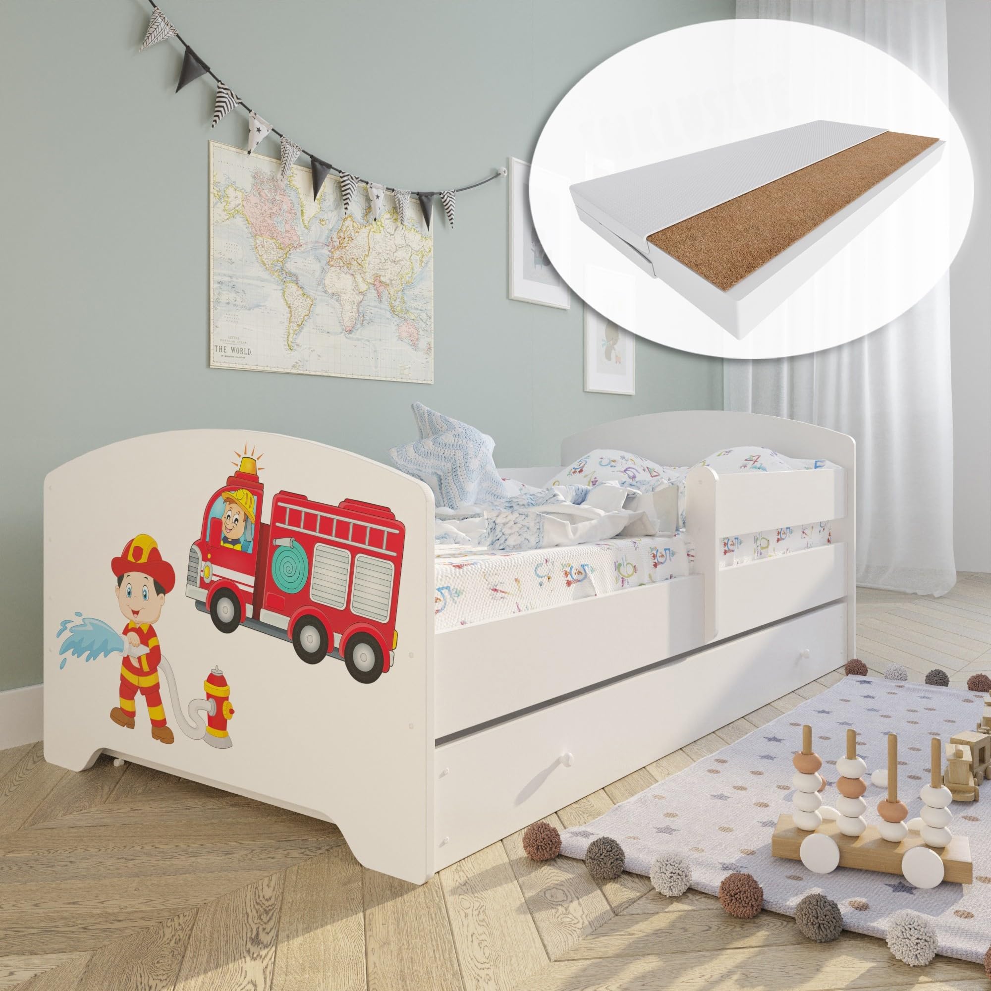 Kids Collective Kinderbett 70x140 / 80x160 Komplett Set inkl. Matratze, Lattenrost, Schublade & Rausfallschutz | Einzelbett für Kinder von 2 – 10 Jahren | weiß mit wählbarem Motiv