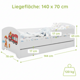 Kids Collective Kinderbett 70x140 / 80x160 Komplett Set inkl. Matratze, Lattenrost, Schublade & Rausfallschutz | Einzelbett für Kinder von 2 – 10 Jahren | weiß mit wählbarem Motiv