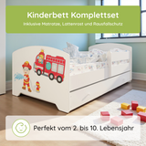 Kids Collective Kinderbett 70x140 / 80x160 Komplett Set inkl. Matratze, Lattenrost, Schublade & Rausfallschutz | Einzelbett für Kinder von 2 – 10 Jahren | weiß mit wählbarem Motiv