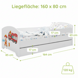 Kids Collective Kinderbett 70x140 / 80x160 Komplett Set inkl. Matratze, Lattenrost, Schublade & Rausfallschutz | Einzelbett für Kinder von 2 – 10 Jahren | weiß mit wählbarem Motiv