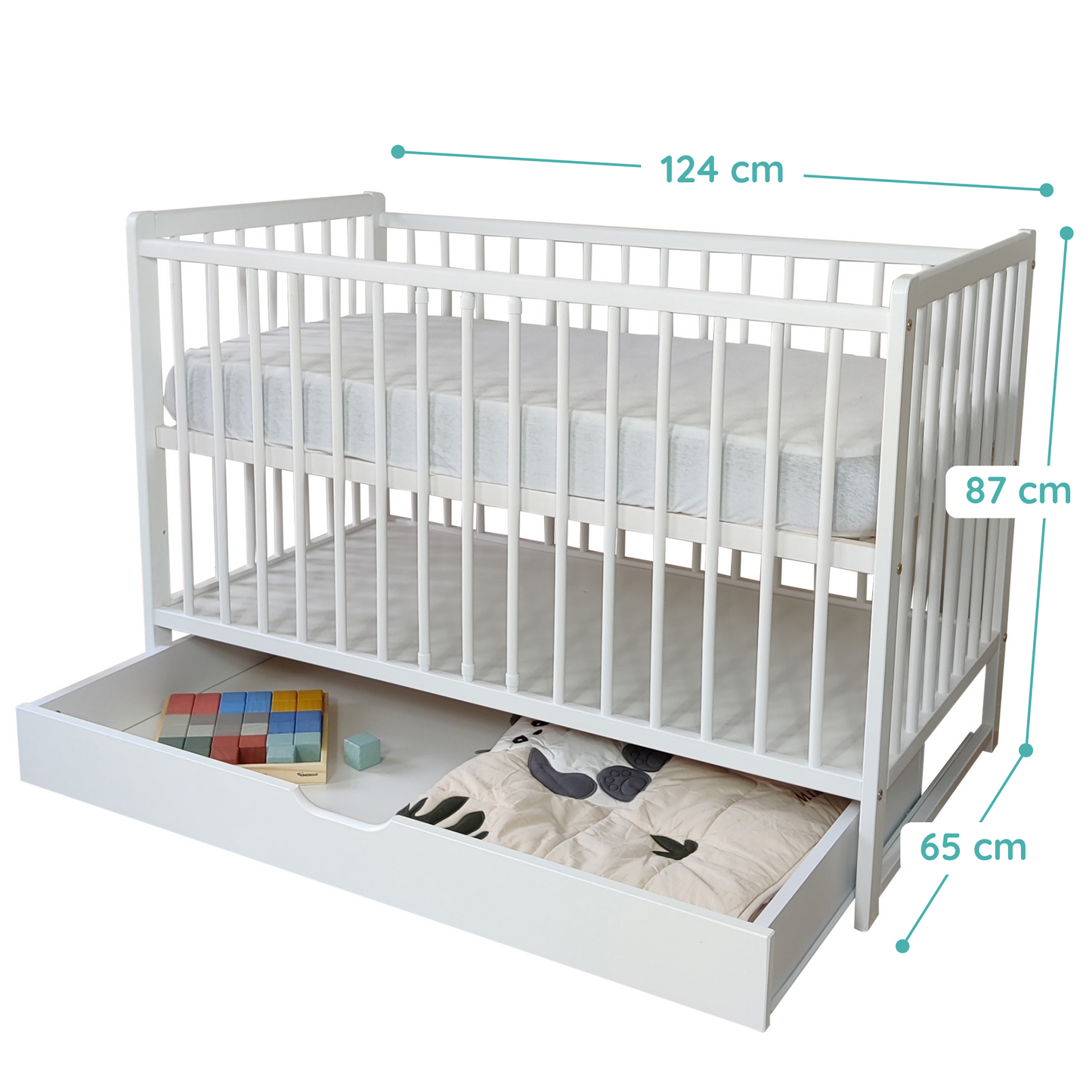 Babybett Kinderbett 60x120 Gitterbett Baby Bett Komplett-Set mit Matratze Beistellbett mitwachsend, Lattenrost höhenverstellbar mit abnehmbaren Sprossen, mit Schublade | weiß Kiefer-Vollholz