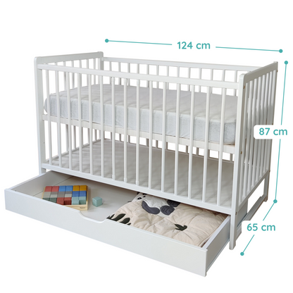 Babybett Kinderbett 60x120 Gitterbett Baby Bett Komplett-Set mit Matratze Beistellbett mitwachsend, Lattenrost höhenverstellbar mit abnehmbaren Sprossen, mit Schublade | weiß Kiefer-Vollholz