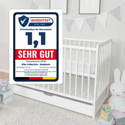 Babybett Kinderbett 60x120 Gitterbett Baby Bett Komplett-Set mit Matratze Beistellbett mitwachsend, Lattenrost höhenverstellbar mit abnehmbaren Sprossen, mit Schublade | weiß Kiefer-Vollholz