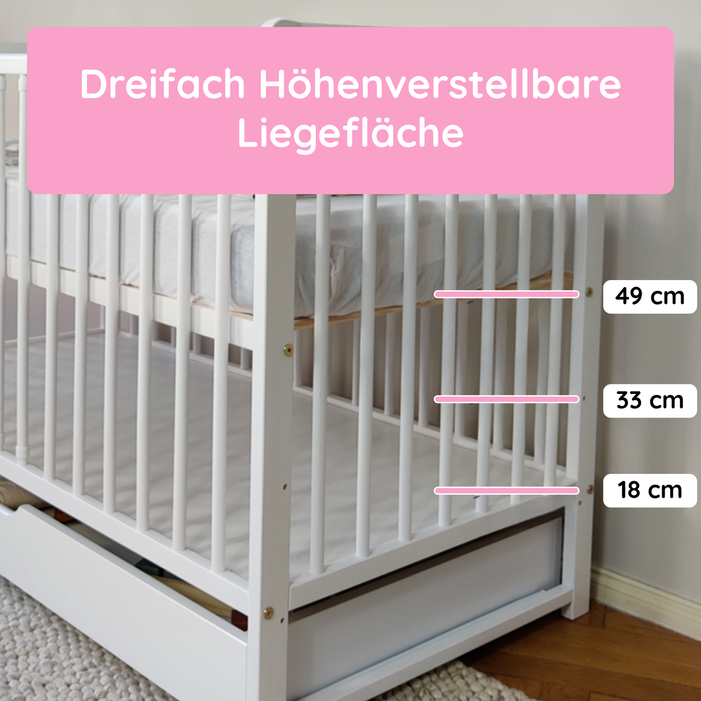 Babybett Kinderbett 60x120 Gitterbett Baby Bett Komplett-Set mit Matratze Beistellbett mitwachsend, Lattenrost höhenverstellbar mit abnehmbaren Sprossen, mit Schublade | weiß Kiefer-Vollholz