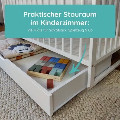 Babybett Kinderbett 60x120 Gitterbett Baby Bett Komplett-Set mit Matratze Beistellbett mitwachsend, Lattenrost höhenverstellbar mit abnehmbaren Sprossen, mit Schublade | weiß Kiefer-Vollholz