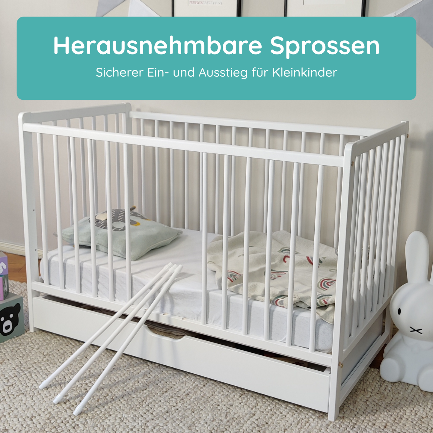Babybett Kinderbett 60x120 Gitterbett Baby Bett Komplett-Set mit Matratze Beistellbett mitwachsend, Lattenrost höhenverstellbar mit abnehmbaren Sprossen, mit Schublade | weiß Kiefer-Vollholz