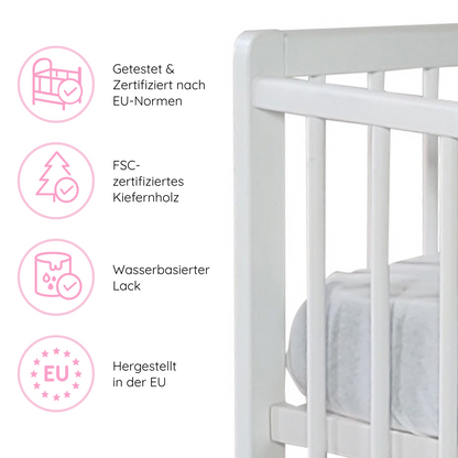 Babybett Kinderbett 60x120 Gitterbett Baby Bett Komplett-Set mit Matratze Beistellbett mitwachsend, Lattenrost höhenverstellbar mit abnehmbaren Sprossen, mit Schublade | weiß Kiefer-Vollholz