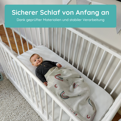Babybett Kinderbett 60x120 Gitterbett Baby Bett Komplett-Set mit Matratze Beistellbett mitwachsend, Lattenrost höhenverstellbar mit abnehmbaren Sprossen, mit Schublade | weiß Kiefer-Vollholz