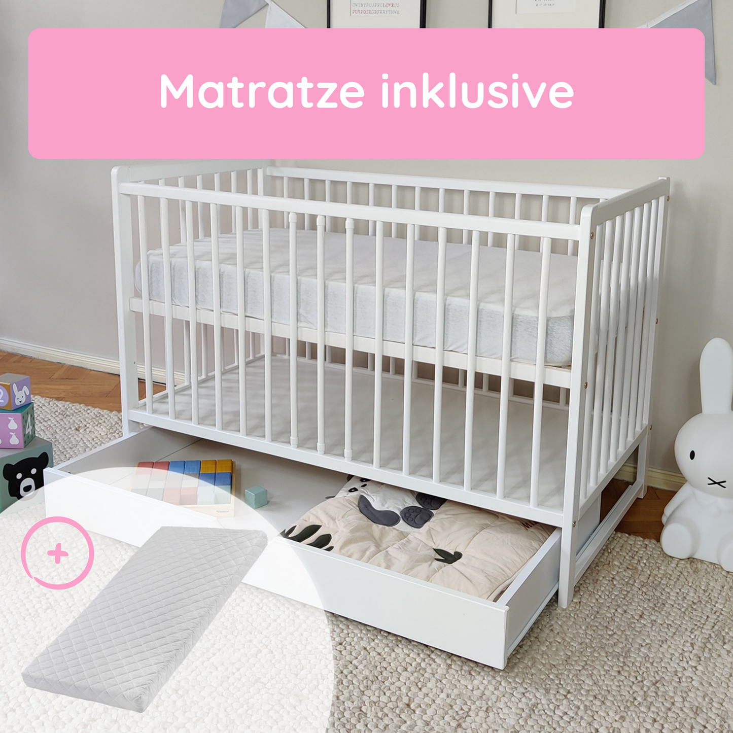Babybett Kinderbett 60x120 Gitterbett Baby Bett Komplett-Set mit Matratze Beistellbett mitwachsend, Lattenrost höhenverstellbar mit abnehmbaren Sprossen, mit Schublade | weiß Kiefer-Vollholz