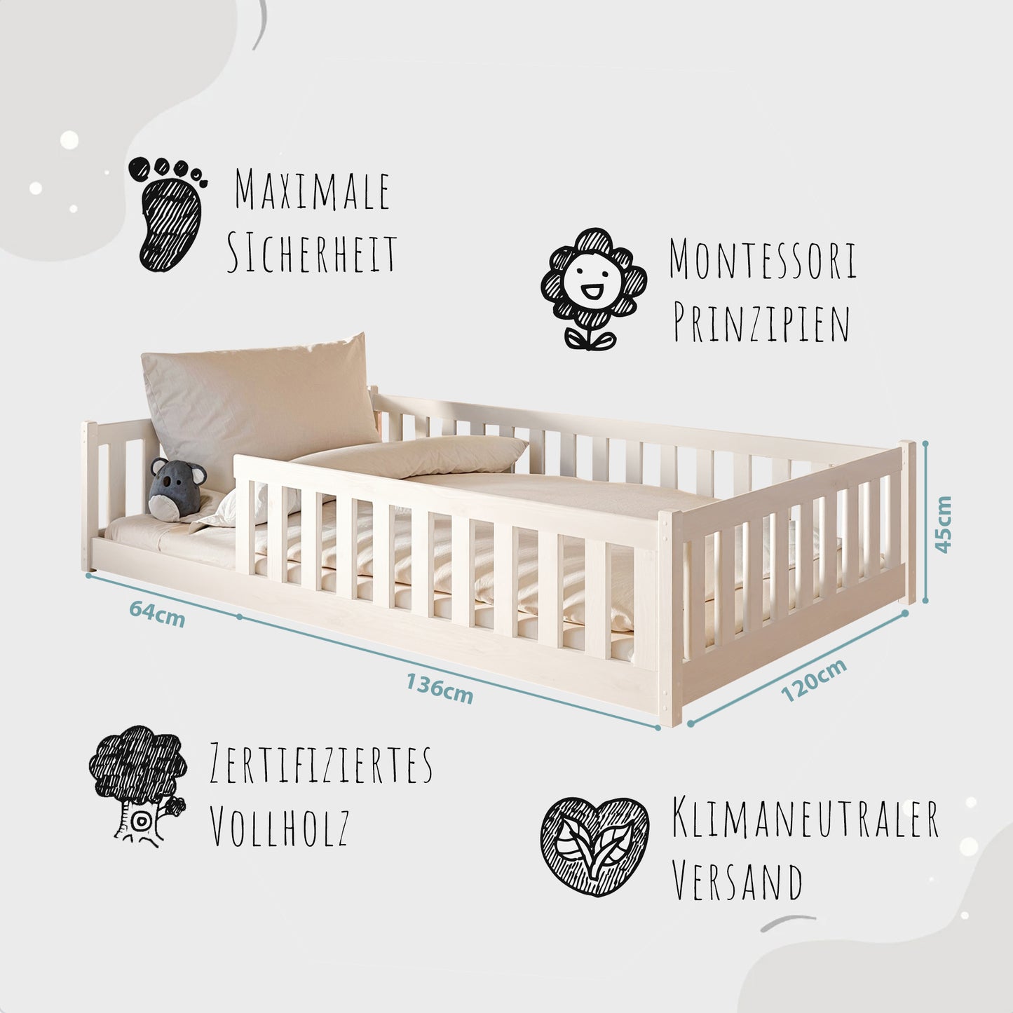 Kinderbett Bodenbett 80x160 | 80x180 | 90x190 | 90x200 | 120x200 | 140x200 cm Bett mit Rausfallschutz & Lattenrost Montessori Bett Gitterbett Kinder Jugendbett Einzelbett optional mit Matratze | Kiefer Holz massiv Junge Mädchen