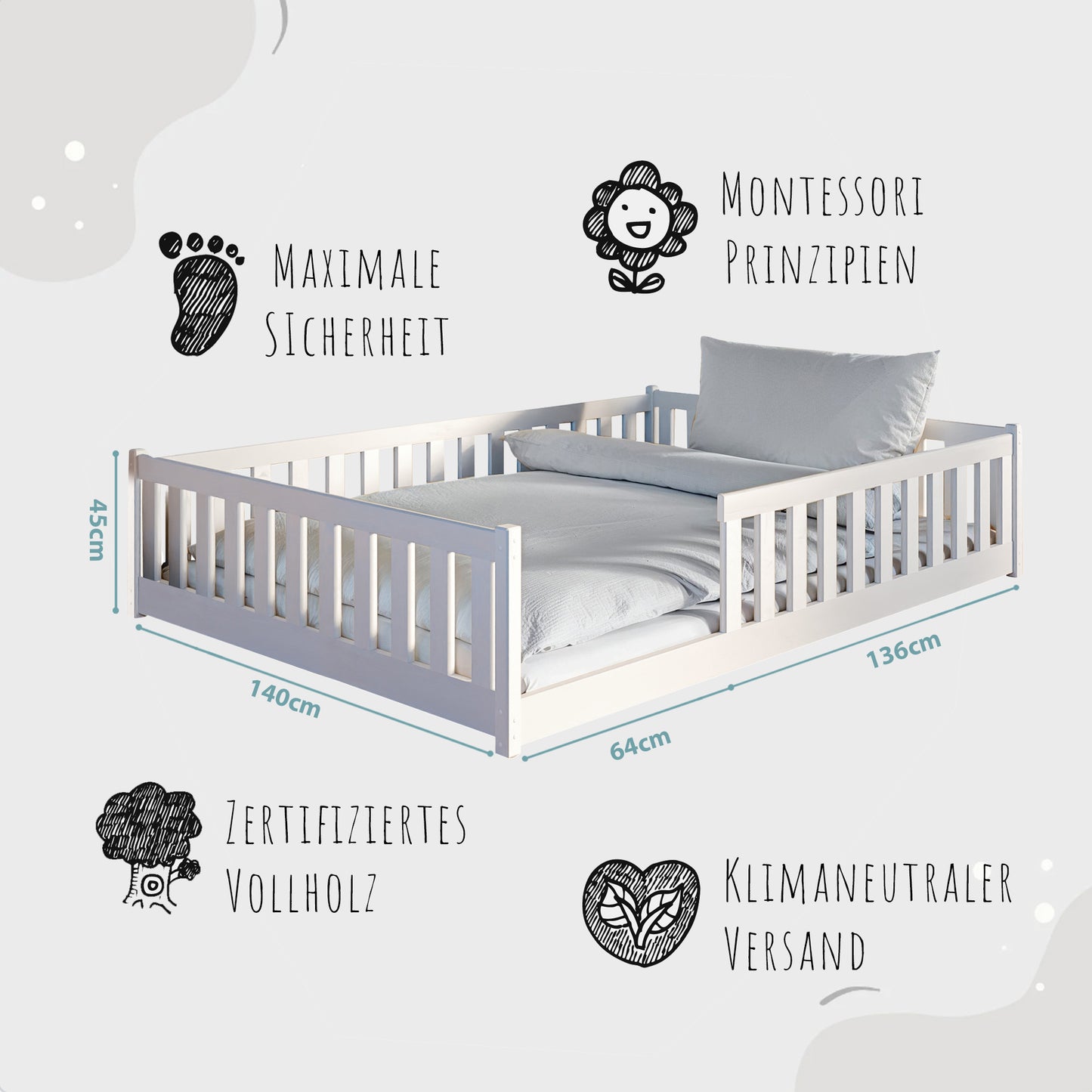Kinderbett Bodenbett 80x160 | 80x180 | 90x190 | 90x200 | 120x200 | 140x200 cm Bett mit Rausfallschutz & Lattenrost Montessori Bett Gitterbett Kinder Jugendbett Einzelbett optional mit Matratze | Kiefer Holz massiv Junge Mädchen