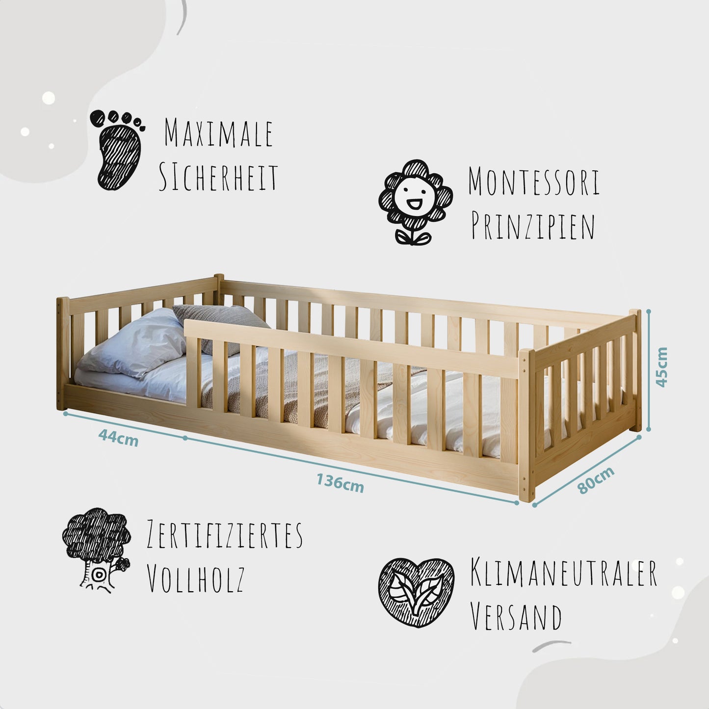 Kinderbett Bodenbett 80x160 | 80x180 | 90x190 | 90x200 | 120x200 | 140x200 cm Bett mit Rausfallschutz & Lattenrost Montessori Bett Gitterbett Kinder Jugendbett Einzelbett optional mit Matratze | Kiefer Holz massiv Junge Mädchen