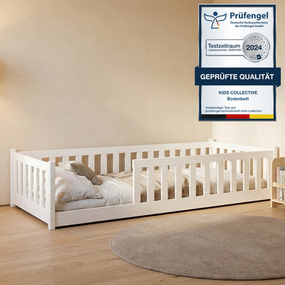 Lit enfant lit au sol 90x200 | 120x200 | Lit 140x200cm avec protection contre les chutes et sommier à lattes Lit Montessori Lit d'enfant Lit d'adolescent Lit simple en option avec matelas bois de pin blanc ou naturel massif garçon fille