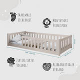 Kinderbett Bodenbett 80x160 | 80x180 | 90x190 | 90x200 | 120x200 | 140x200 cm Bett mit Rausfallschutz & Lattenrost Montessori Bett Gitterbett Kinder Jugendbett Einzelbett optional mit Matratze | Kiefer Holz massiv Junge Mädchen