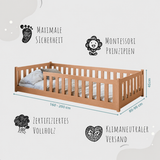 Kinderbett Bodenbett 80x160 | 80x180 | 90x190 | 90x200 | 120x200 | 140x200 cm Bett mit Rausfallschutz & Lattenrost Montessori Bett Gitterbett Kinder Jugendbett Einzelbett optional mit Matratze | Kiefer Holz massiv Junge Mädchen