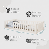 Kinderbett Bodenbett 80x160 | 80x180 | 90x190 | 90x200 | 120x200 | 140x200 cm Bett mit Rausfallschutz & Lattenrost Montessori Bett Gitterbett Kinder Jugendbett Einzelbett optional mit Matratze | Kiefer Holz massiv Junge Mädchen