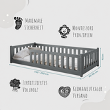 Kinderbett Bodenbett 80x160 | 80x180 | 90x190 | 90x200 | 120x200 | 140x200 cm Bett mit Rausfallschutz & Lattenrost Montessori Bett Gitterbett Kinder Jugendbett Einzelbett optional mit Matratze | Kiefer Holz massiv Junge Mädchen