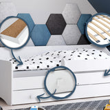 Kinderbett Jugendbett 80x160 und 80x180 cm mit Matratze, Schublade & Rausfallschutz mit punktelastischer Matratze mit Kokos-Naturfaser