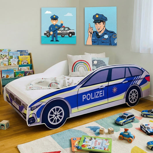 Autobett Kinderbett Jugendbett 70x140 | 80x160 cm mit Rausfallschutz und Matratze (optional) | Polizei