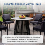 Home Collective Gartenmöbel Set Balkonmöbel Lounge Möbel Outdoor Outdoormöbel | 5-teilig | 4 Stühle 1 Tisch Ø 100 cm | abziehbare Kissen Glastisch in Marmor-Optik | Garten Terrasse Balkon | schwarz
