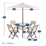 Home Collective Gartenmöbel Set Balkonmöbel Essgruppe Outdoor Terrassenmöbel Sitzgruppe | 6-teilig | 4 Klappstühle 1 Glastisch 1 Sonnenschirm | wetterfest | Garten Terrasse Balkon | Beige/Schwarz