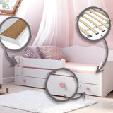 Kinderbett Mädchen Jugendbett 80x160 | 80x180 cm mit Matratze Rausfallschutz & Schublade | Prinzessin Kinder Sofa Couch Bett umbaubar rosa oder grau weiß