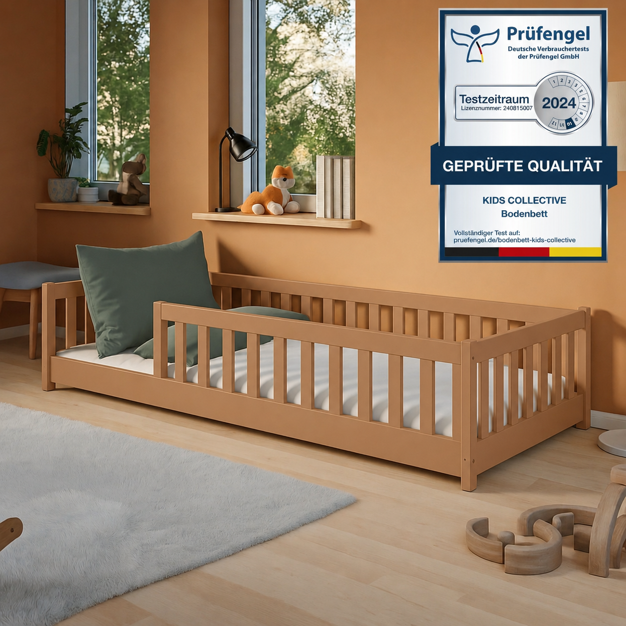 Kinderbett Bodenbett 80x160 | 80x180 | 90x190 | 90x200 | 120x200 | 140x200 cm Bett mit Rausfallschutz & Lattenrost Montessori Bett Gitterbett Kinder Jugendbett Einzelbett optional mit Matratze | Kiefer Holz massiv Junge Mädchen