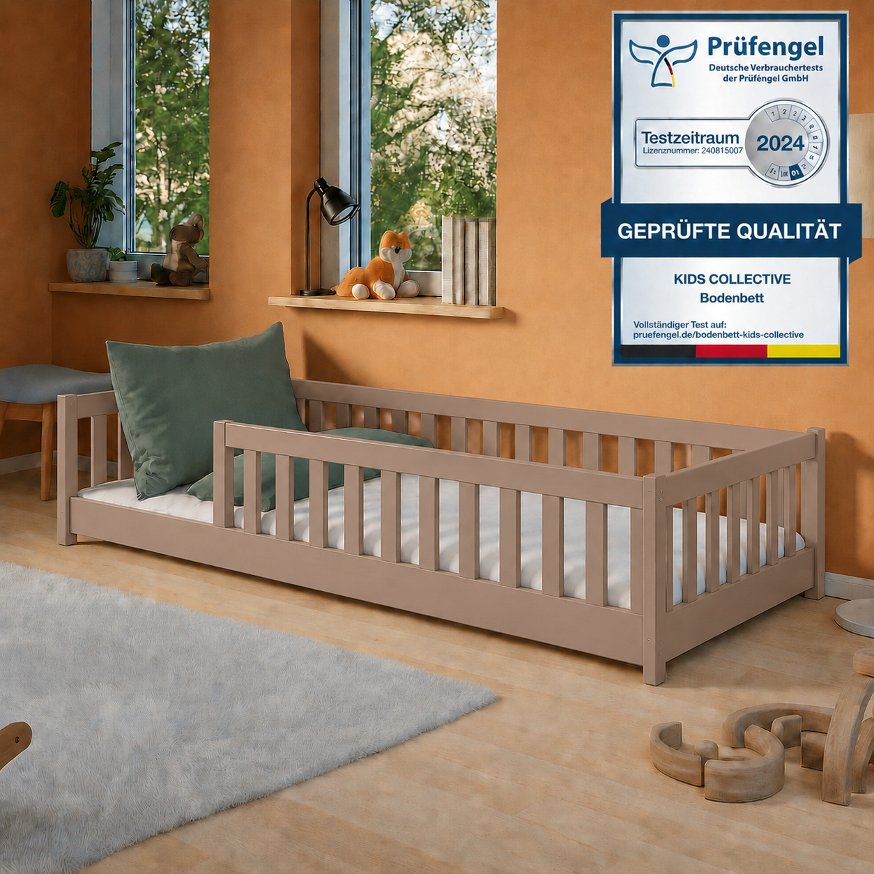 Kinderbett Bodenbett 80x160 | 80x180 | 90x190 | 90x200 | 120x200 | 140x200 cm Bett mit Rausfallschutz & Lattenrost Montessori Bett Gitterbett Kinder Jugendbett Einzelbett optional mit Matratze | Kiefer Holz massiv Junge Mädchen