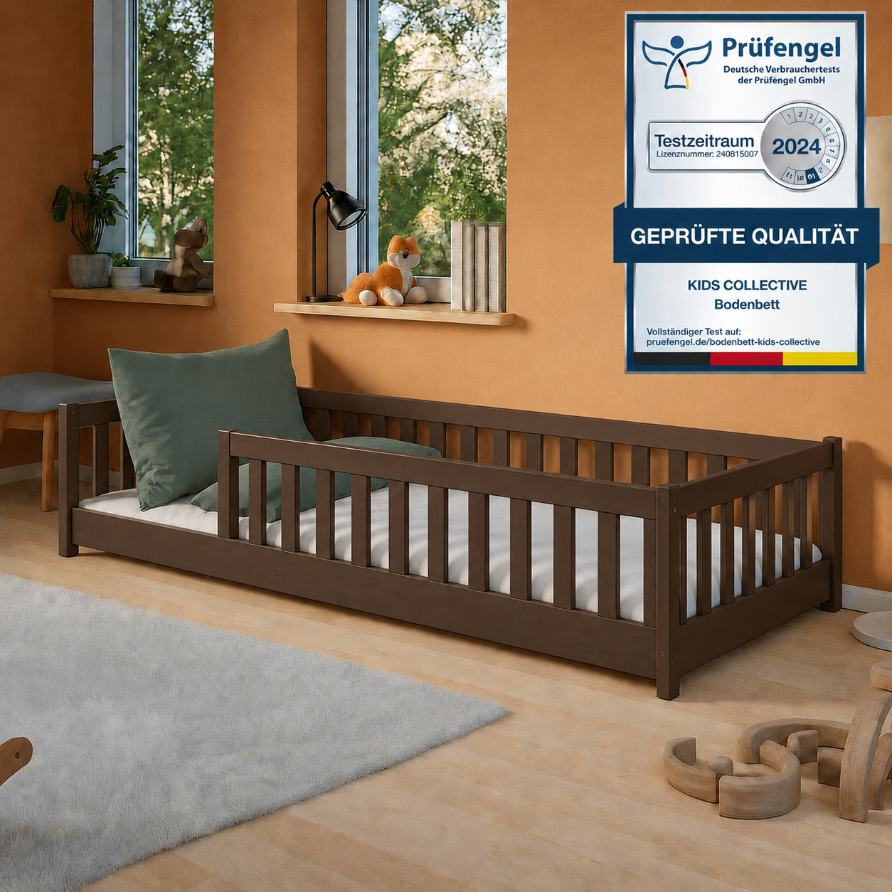 Kinderbett Bodenbett 80x160 | 80x180 | 90x190 | 90x200 | 120x200 | 140x200 cm Bett mit Rausfallschutz & Lattenrost Montessori Bett Gitterbett Kinder Jugendbett Einzelbett optional mit Matratze | Kiefer Holz massiv Junge Mädchen