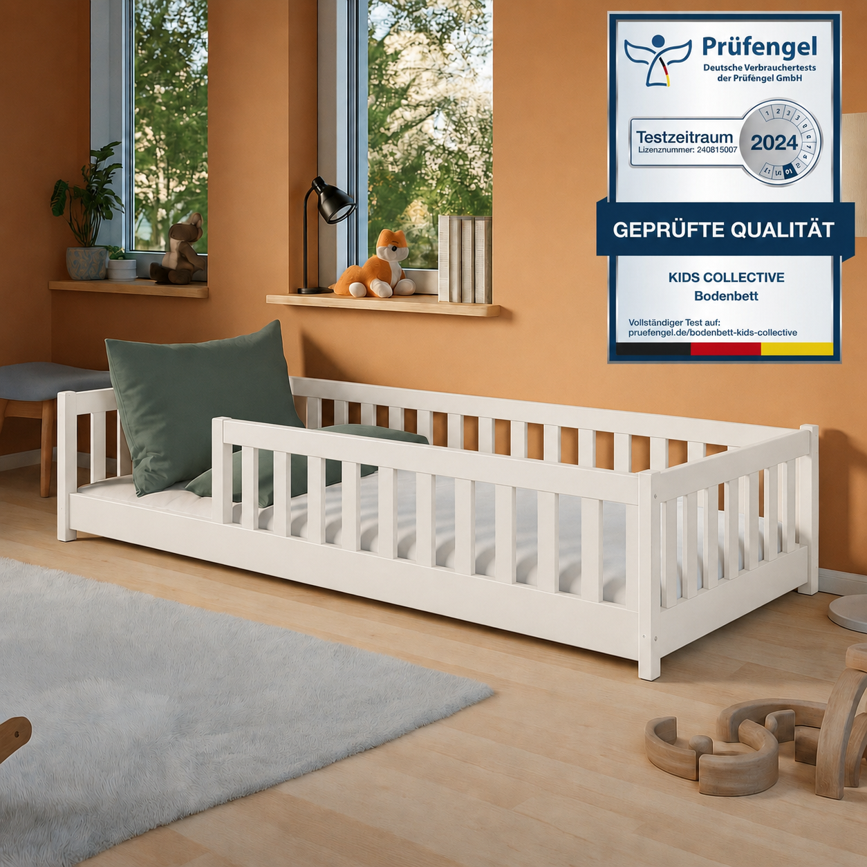 Kinderbett Bodenbett 80x160 | 80x180 | 90x190 | 90x200 | 120x200 | 140x200 cm Bett mit Rausfallschutz & Lattenrost Montessori Bett Gitterbett Kinder Jugendbett Einzelbett optional mit Matratze | Kiefer Holz massiv Junge Mädchen