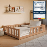 Kinderbett Bodenbett 80x160 | 80x180 | 90x190 | 90x200 | 120x200 | 140x200 cm Bett mit Rausfallschutz & Lattenrost Montessori Bett Gitterbett Kinder Jugendbett Einzelbett optional mit Matratze | Kiefer Holz massiv Junge Mädchen