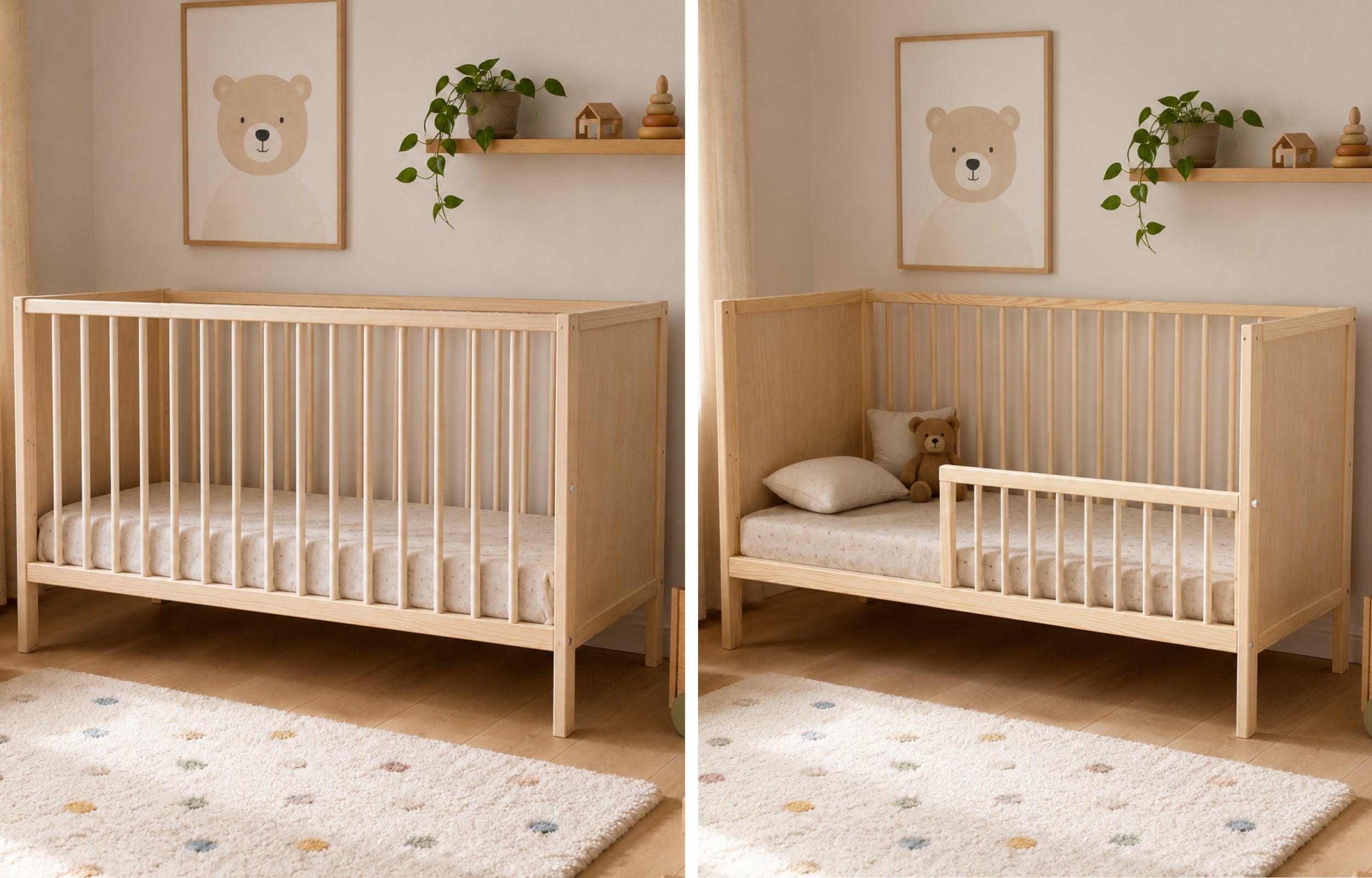 Kids Collective Babybett Kinderbett Beistellbett mit HDF-Platte & Halbschiene | Modulares Gitterbett Lattenrost 3-fach höhenverstellbar & abnehmbare Sprossen | Baby Bett Holz Kinderzimmer | 60x120 & 70x140 cm