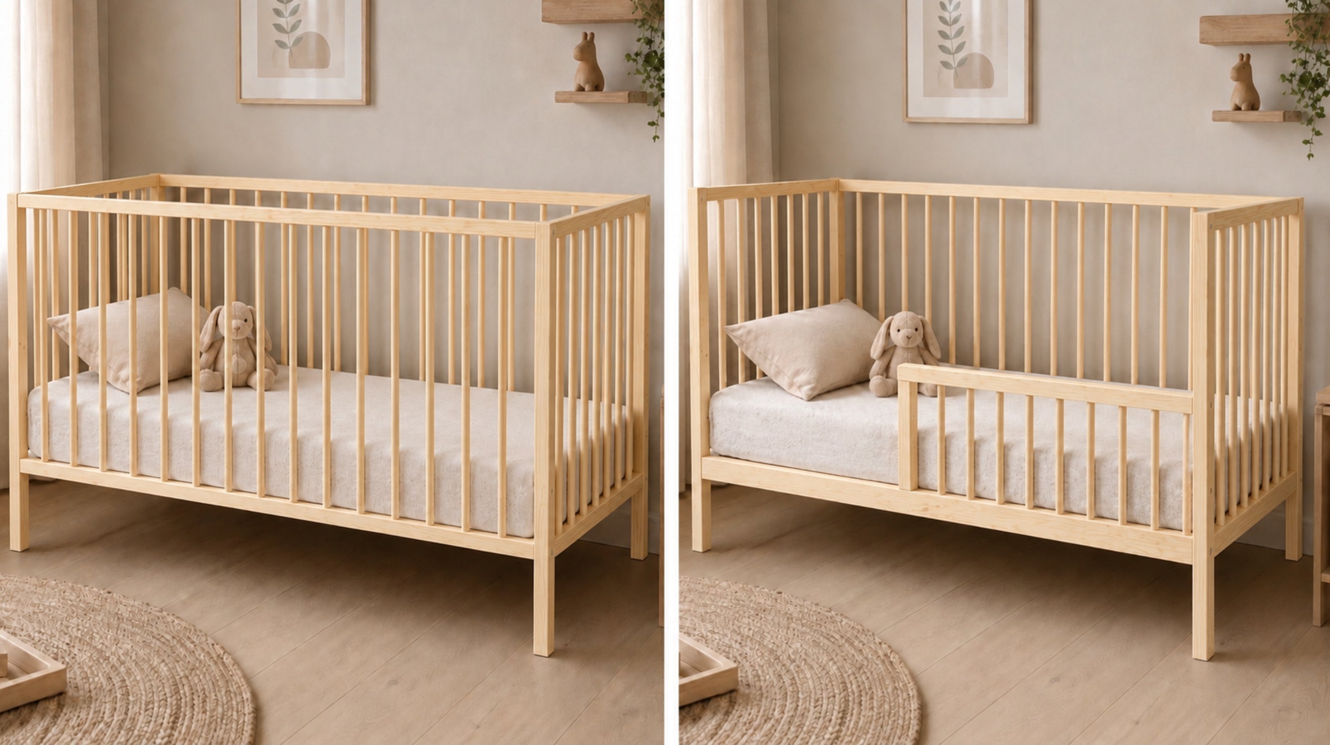 Kids Collective Babybett Kinderbett Beistellbett mit Halbschiene | Modulares Gitterbett Lattenrost 3-fach höhenverstellbar & abnehmbare Sprossen | Baby Bett Holz Kinderzimmer | 60x120 & 70x140 cm