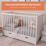Kids Collective Babybett Kinderbett Beistellbett mit HDF-Platte | Modulares Gitterbett Lattenrost 3-fach höhenverstellbar & abnehmbare Sprossen | Baby Bett Holz Kinderzimmer | 60x120 & 70x140 cm