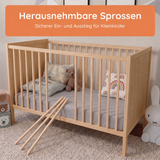Kids Collective Babybett Kinderbett Beistellbett mit HDF-Platte & Halbschiene | Modulares Gitterbett Lattenrost 3-fach höhenverstellbar & abnehmbare Sprossen | Baby Bett Holz Kinderzimmer | 60x120 & 70x140 cm