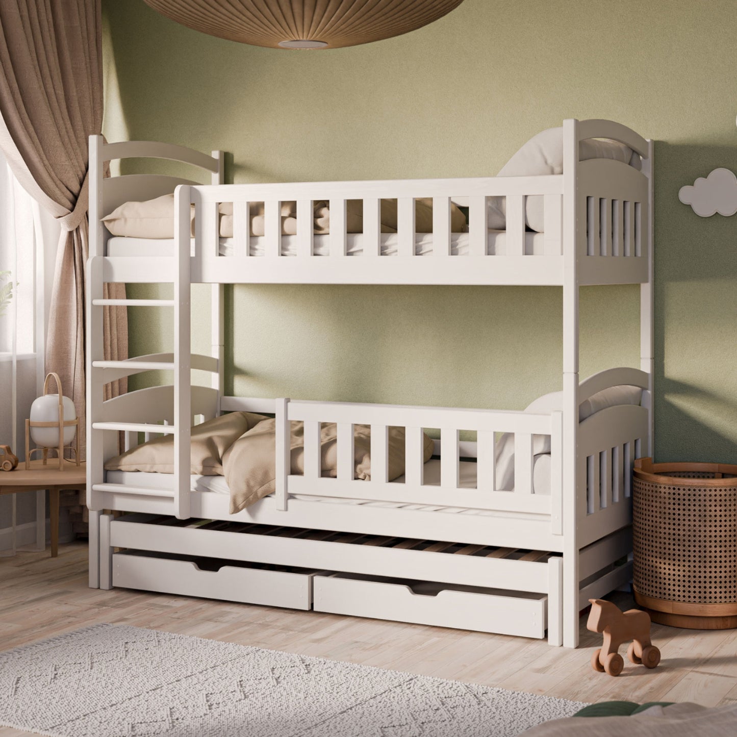 Hochbett 90x200 Etagenbett Kinderbett Jugendbett Stockbett 3 Kinder, zwei Schubladen & Rausfallschutz Kinder Bett umbaubar in 3 Einzelbetten | von 4. bis 16. Lebensjahr | inkl. Lattenrosten