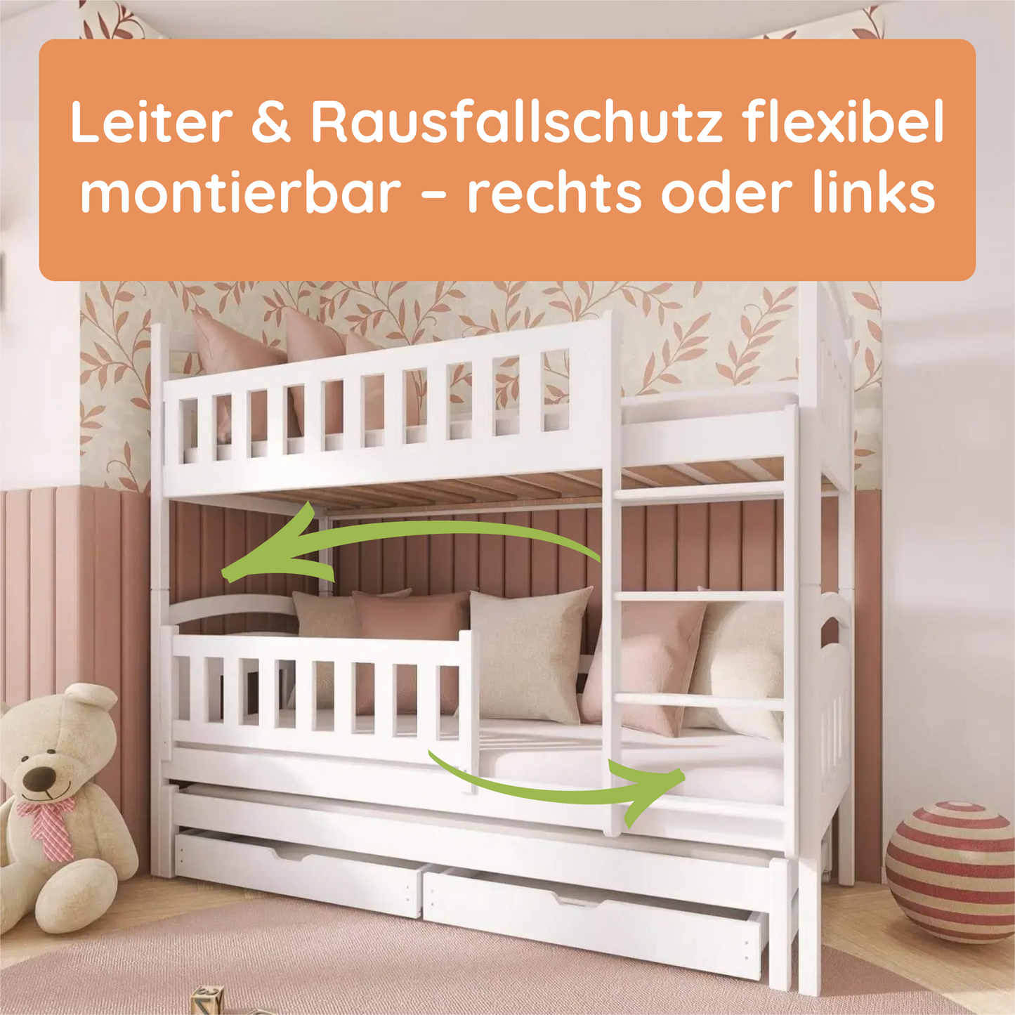 Hochbett 90x200 Etagenbett Kinderbett Jugendbett Stockbett 3 Kinder, zwei Schubladen & Rausfallschutz Kinder Bett umbaubar in 3 Einzelbetten | von 4. bis 16. Lebensjahr | inkl. Lattenrosten