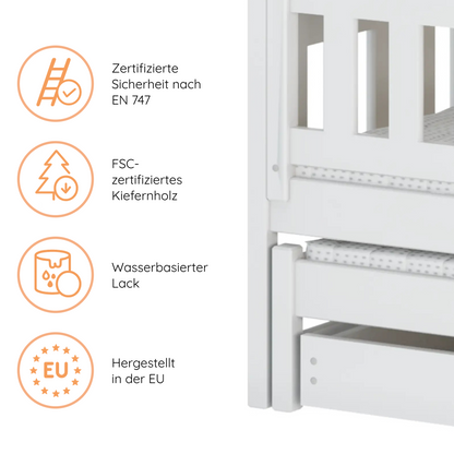 Hochbett 90x200 Etagenbett Kinderbett Jugendbett Stockbett 3 Kinder, zwei Schubladen & Rausfallschutz Kinder Bett umbaubar in 3 Einzelbetten | von 4. bis 16. Lebensjahr | inkl. Lattenrosten