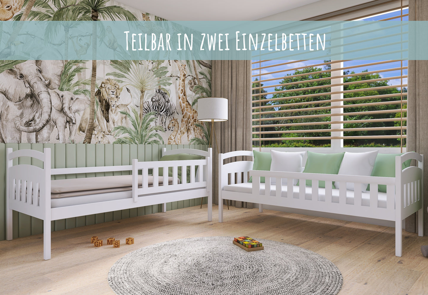 Hochbett 90x200 cm Etagenbett mit zwei Schubladen, Lattenrost, Rausfallschutz, umbaubar in zwei Einzelbetten, aus Vollholz massiv, Funktionsbett