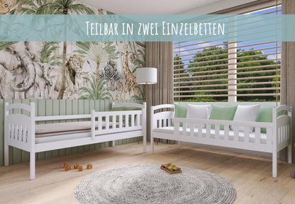 Hochbett 90x200 cm Etagenbett mit zwei Schubladen, Lattenrost, Rausfallschutz, umbaubar in zwei Einzelbetten, aus Vollholz massiv, Funktionsbett