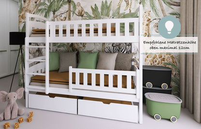 Hochbett 90x200 cm Etagenbett mit zwei Schubladen, Lattenrost, Rausfallschutz, umbaubar in zwei Einzelbetten, aus Vollholz massiv, Funktionsbett