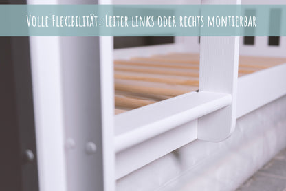 Hochbett 90x200 cm Etagenbett mit zwei Schubladen, Lattenrost, Rausfallschutz, umbaubar in zwei Einzelbetten, aus Vollholz massiv, Funktionsbett