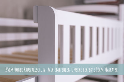 Hochbett 90x200 cm Etagenbett mit zwei Schubladen, Lattenrost, Rausfallschutz, umbaubar in zwei Einzelbetten, aus Vollholz massiv, Funktionsbett