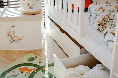 Hochbett 90x200 cm Etagenbett mit zwei Schubladen, Lattenrost, Rausfallschutz, umbaubar in zwei Einzelbetten, aus Vollholz massiv, Funktionsbett