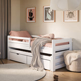Einzelbett 90x200 cm mit Rausziehbett 90x190 cm mit zwei Matratzen (optional) und zwei Schubladen, Rausfallschutz und Lattenrosten, Vollholz massiv, Kinderbett Funktionsbett