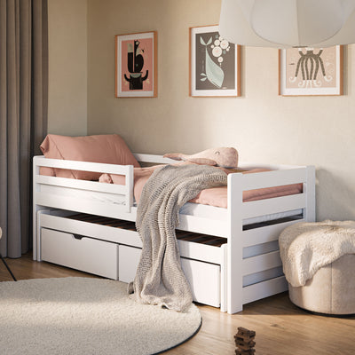 Einzelbett 90x200 cm mit Rausziehbett 90x190 cm mit zwei Matratzen (optional) und zwei Schubladen, Rausfallschutz und Lattenrosten, Vollholz massiv, Kinderbett Funktionsbett