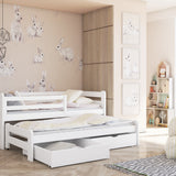 Einzelbett 90x200 cm mit Rausziehbett 90x190 cm mit zwei Matratzen (optional) und zwei Schubladen, Rausfallschutz und Lattenrosten, Vollholz massiv, Kinderbett Funktionsbett