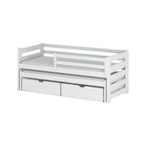 Einzelbett 90x200 cm mit Rausziehbett 90x190 cm mit zwei Matratzen (optional) und zwei Schubladen, Rausfallschutz und Lattenrosten, Vollholz massiv, Kinderbett Funktionsbett