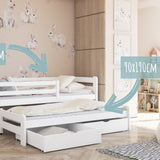 Einzelbett 90x200 cm mit Rausziehbett 90x190 cm mit zwei Matratzen (optional) und zwei Schubladen, Rausfallschutz und Lattenrosten, Vollholz massiv, Kinderbett Funktionsbett